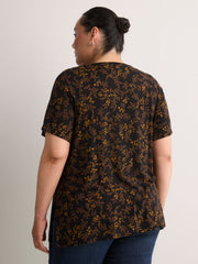 Responsible, Black Modern-Fit V-Neck Tunic with Golden Leaf Print