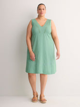 Linen Blend V-Neck Swing Dress with Crochet Tape
