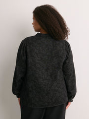 Black A-Line Denim Blouse with Split Ruffled Collar
