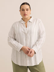 Striped Linen Blend Buttoned Down Tunic Shirt