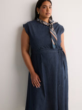 Dark Denim Sleeveless Crew-Neck Sash Midi Dress