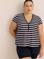 Navy Striped Short-Sleeve Henley Tankini Top