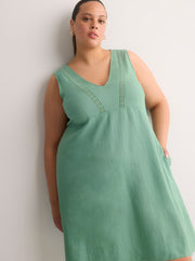 Linen Blend V-Neck Swing Dress with Crochet Tape