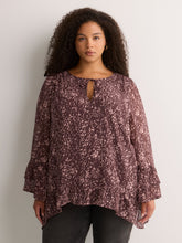 Split-Neck Long Flounce Sleeve Asymmetrical Blouse