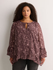 Split-Neck Long Flounce Sleeve Asymmetrical Blouse