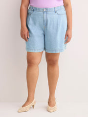 Curvy-Fit High-Rise Pleated Denim Shorts