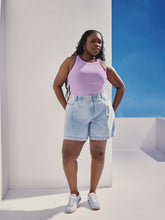 Curvy-Fit High-Rise Pleated Denim Shorts