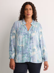 Responsible, Blue Floral A-Line Blouse with Split Ruffled Collar