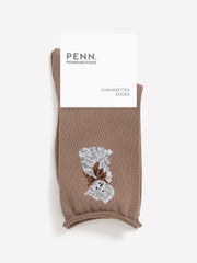 Taupe Rolled-Edge Crew Socks with Cat Placement Print