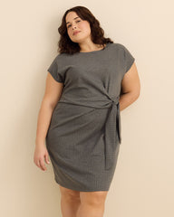 Grey Pinstripe Crewneck Dress with Side Knot