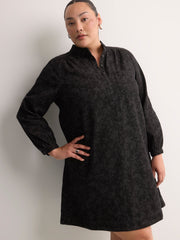 Black A-Line Long-Sleeve Denim Dress with Ruffled Collar