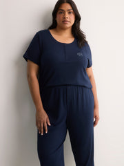 Blue Straight-Leg Rib Knit Capri Pyjama Pant - tiVOGLIO