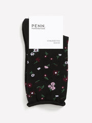 Black Rolled-Edge Crew Socks with Floral Print
