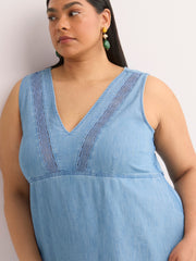 Denim Sleeveless V-Neck Swing Dress with Crochet Tape
