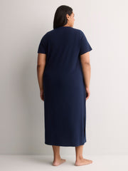 Blue Ribbed Long Short-Sleeve Sleepshirt - tiVOGLIO