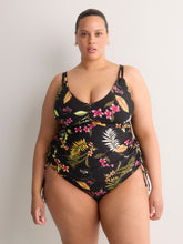 Black Floral Shirred V-Neck Tankini Top