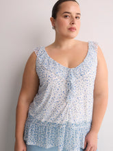 White Floral Ruffled Mesh Sleeveless Swing Blouse