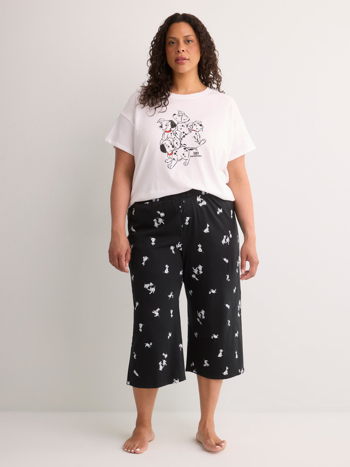 Black Cotton Knit Capri Pyjama Pant with Dalmatian Print - Disney