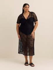 Long Crochet Knit Cover-Up Dress with Keyhole V-Neck - Cover Me