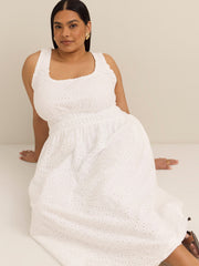 White Eyelet Lace Sleeveless Midi Dress with Elastic Waist