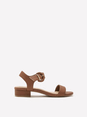Extra Wide Width, Cognac Low-Block Heel Sandal with Large Buckle Strap