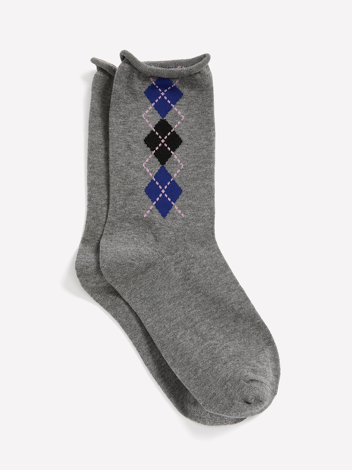 Grey Rolled-Edge Crew Socks with Argyle Print