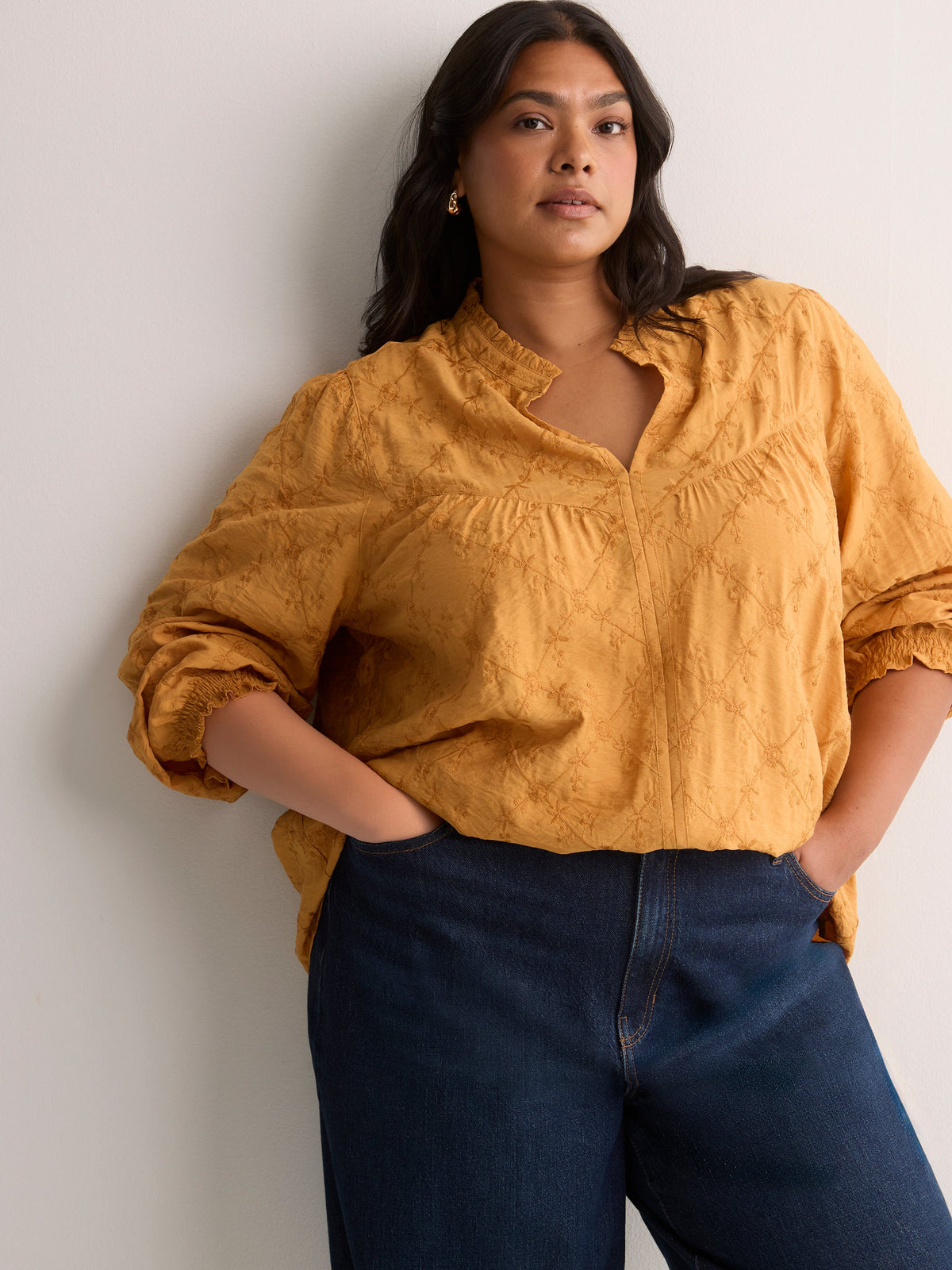 Yellow Embroidered A-Line Blouse with Split Ruffled Collar
