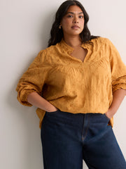 Yellow Embroidered A-Line Blouse with Split Ruffled Collar