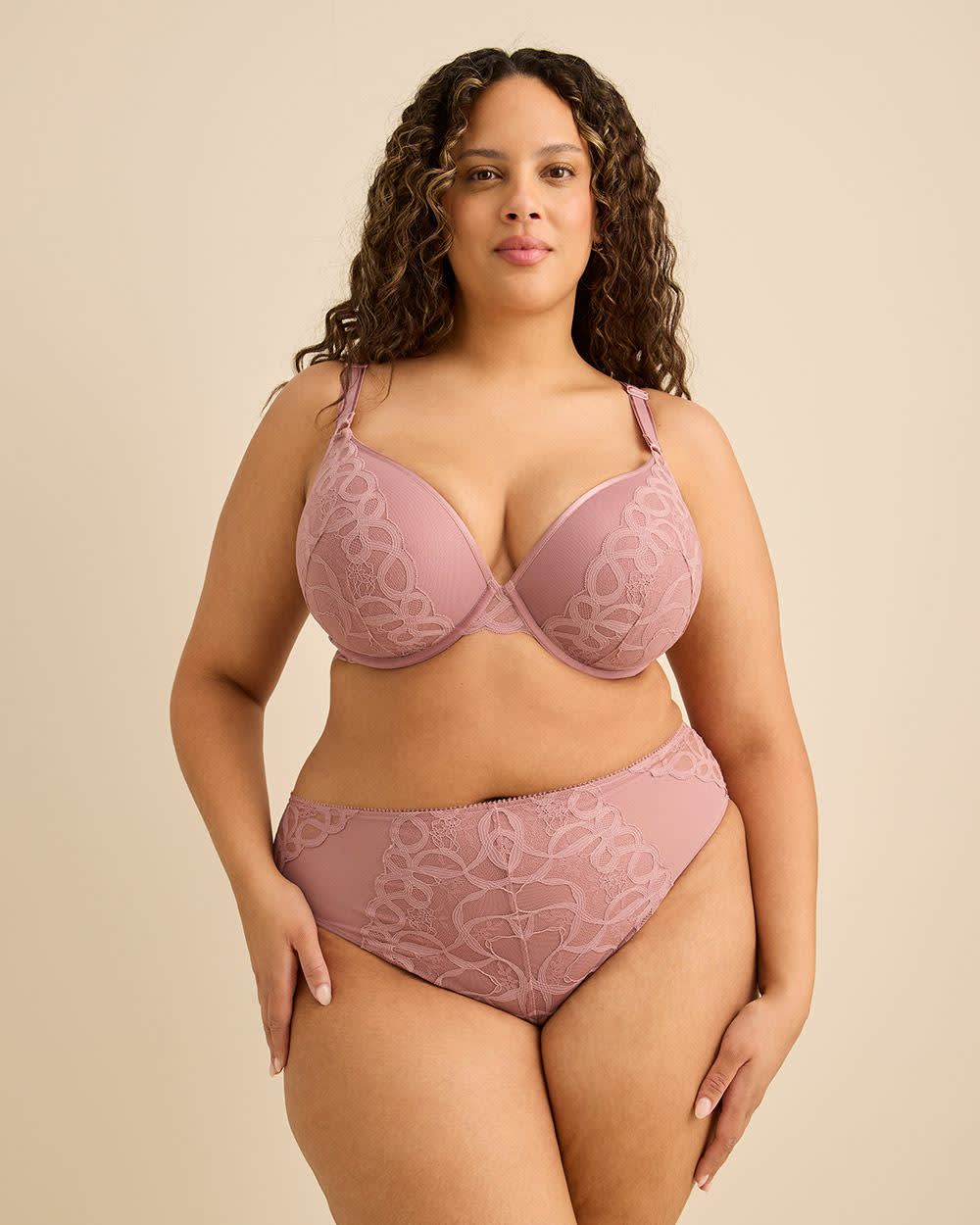 Dark Rose Underwire Plunge Bra with Lace Overlay - Déesse Collection