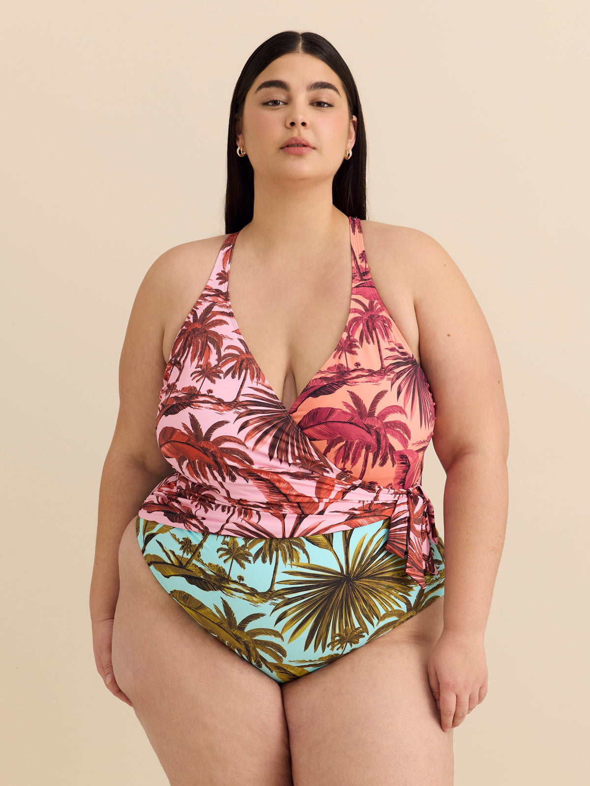Colourful Knotted Wrap V-Neck One-Piece Swim Suit - Bleu Rod Beattie