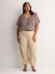 V-Neck Bubble-Sleeve Blouse with Smocked Yoke