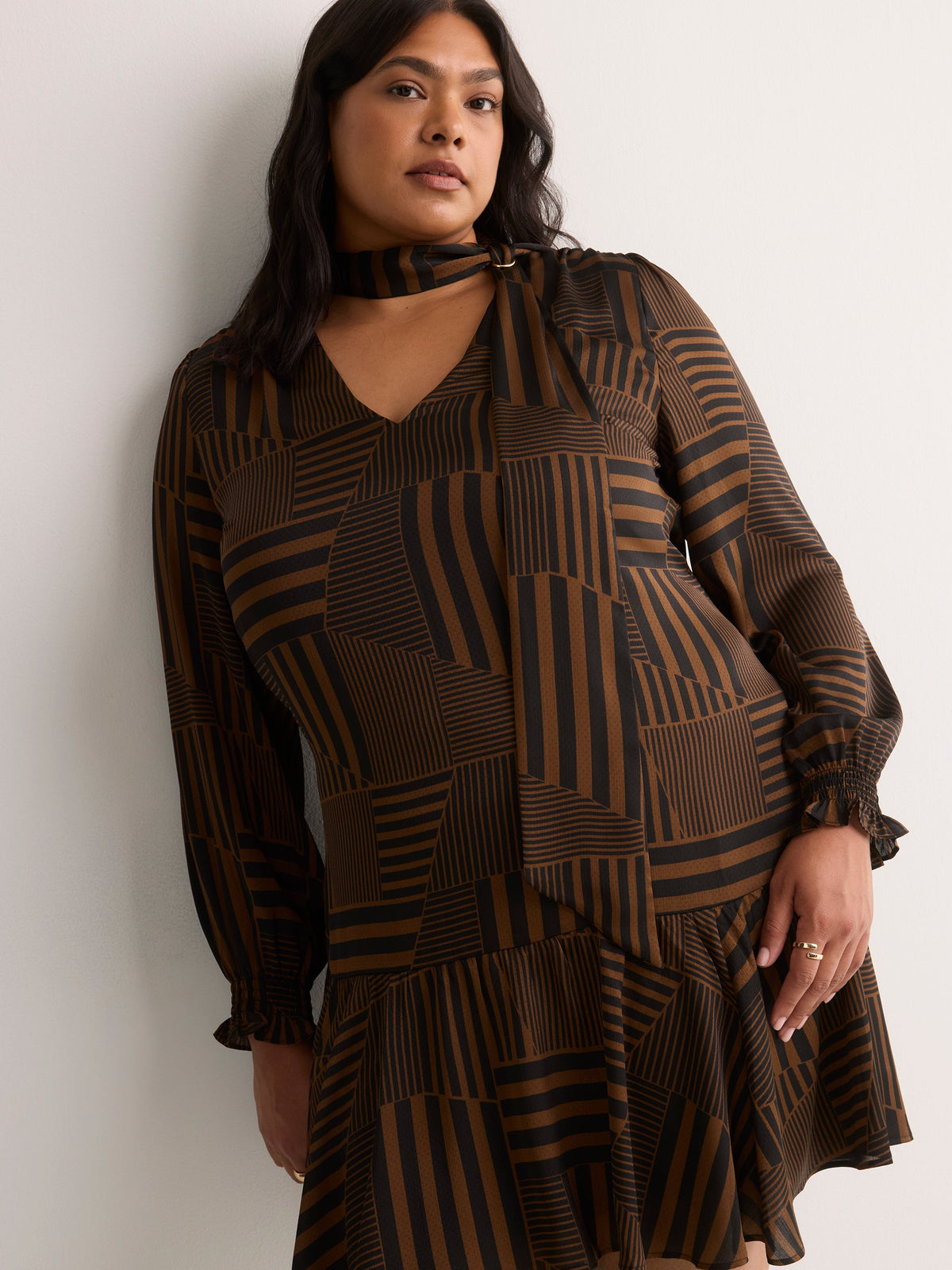 Striped Long-Sleeve Tiered Dress with Neck Tie - Addition Elle