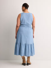 Denim Sleeveless V-Neck Tiered Maxi Dress - Addition Elle