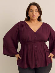 Wide-Sleeve V-Neck Blouse with Decorative Tape - Addition Elle