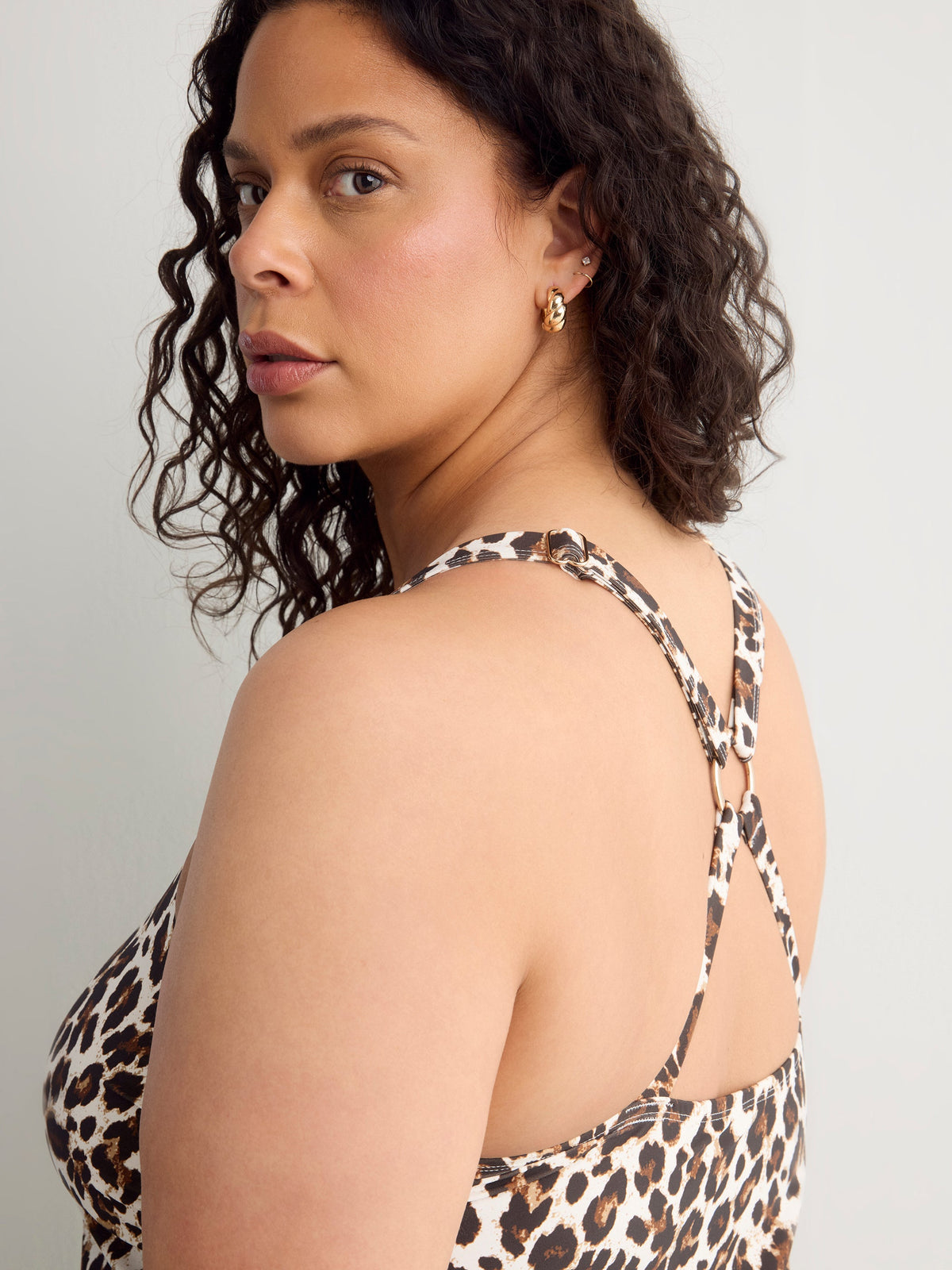 Leopard V-Neck Tankini Top with Back Ring Detail