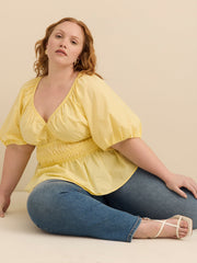 V-Neck Short Bubble Sleeve Blouse