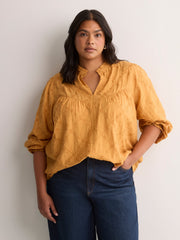 Yellow Embroidered A-Line Blouse with Split Ruffled Collar