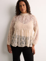Mock-Neck Long-Sleeve Embroidered Blouse