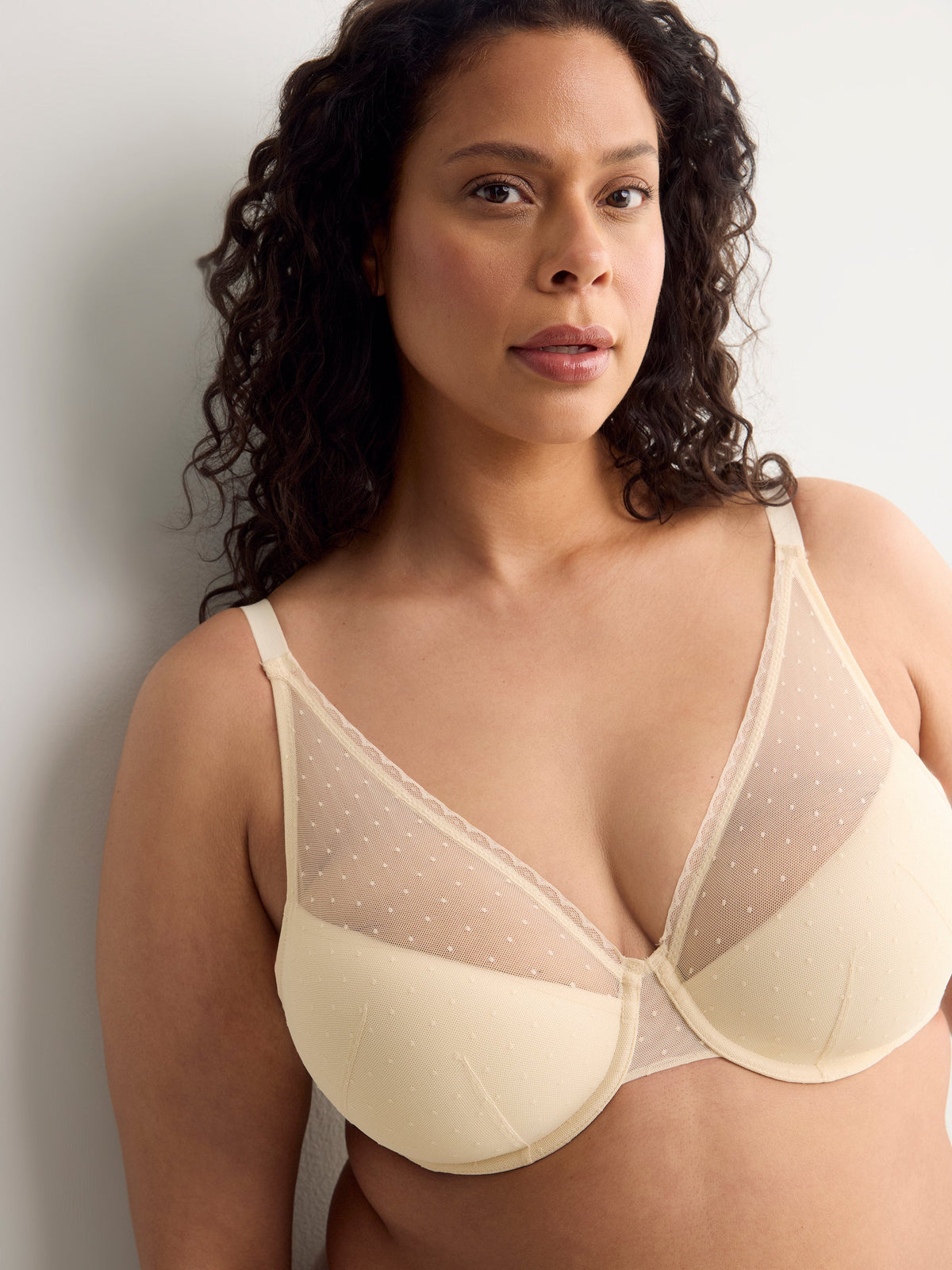 Grey Underwire Clip Dot Mesh Balconette Bra with Lace - Déesse Collection