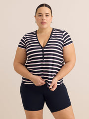 Navy Striped Short-Sleeve Henley Tankini Top