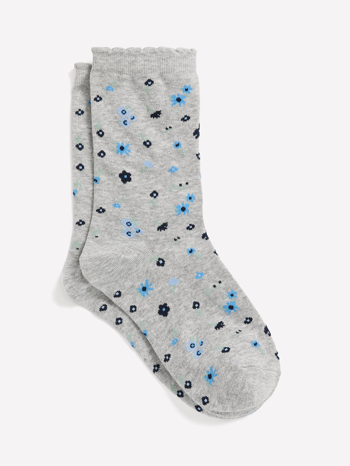 Light Grey Scalloped-Edge Crew Socks with Floral Print