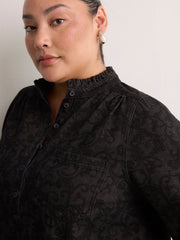 Black A-Line Long-Sleeve Denim Dress with Ruffled Collar