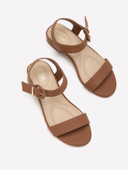 Extra Wide Width, Cognac Low-Block Heel Sandal with Large Buckle Strap