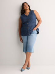 Denim Fit and Flare Sleeveless V-Neck Vest Blouse