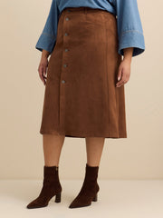 Tan Faux-Suede Buttoned Down Midi Skirt