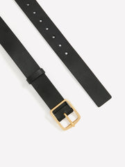 Faux-Leather Denim Belt with Square Metallic Buckle