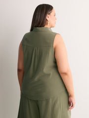 Sleeveless Buttoned-Down Shirt with Embroidery Placket