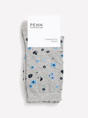 Light Grey Scalloped-Edge Crew Socks with Floral Print