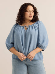 Tencel Scoop Neck Slight A-line Blouse with Shirring