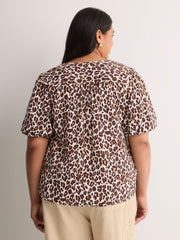 V-Neck Bubble-Sleeve Blouse with Smocked Yoke